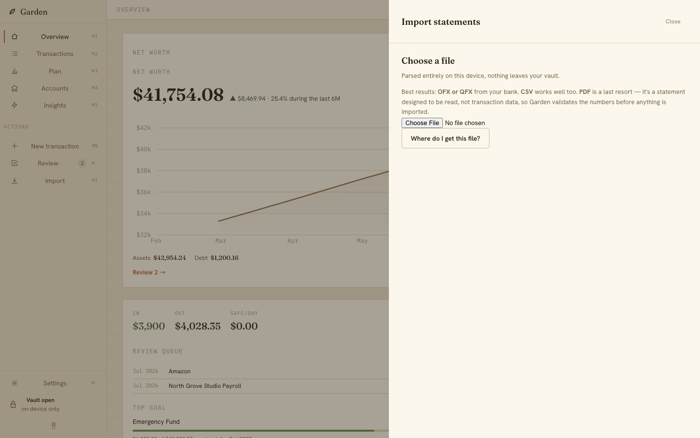 Garden statement import before ledger changes are committed.