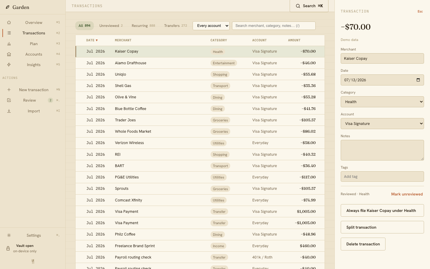 Current Garden Transactions with Inspector open.
