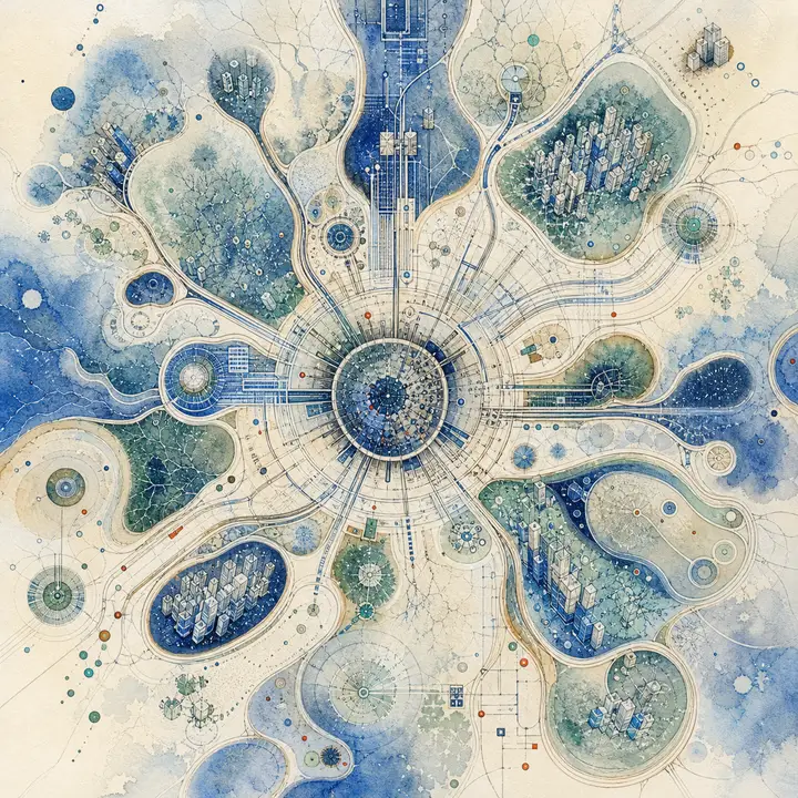 A radial blue-and-cream diagram of a settlement spreading outward in lobes from a central hub, part cell colony and part wiring schematic.