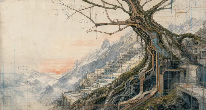 A vast bare tree standing over a misty mountain valley at dawn, its branches and the terraces below drawn with the same fine ruled linework, so the landscape and the tree read as one machine.