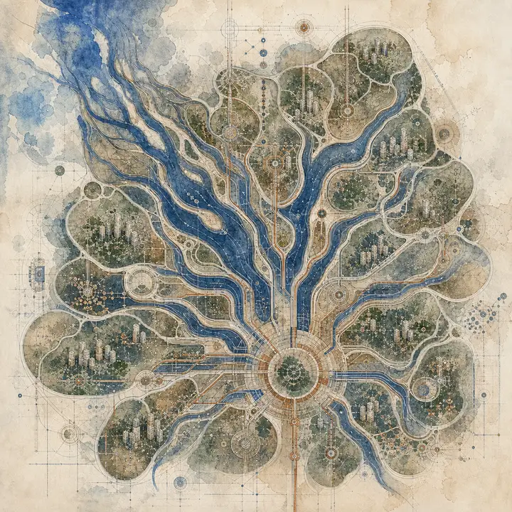 A river delta seen from directly above, its channels branching in indigo watercolour across cream paper, with small settlements set along the branches like entries in a ledger.