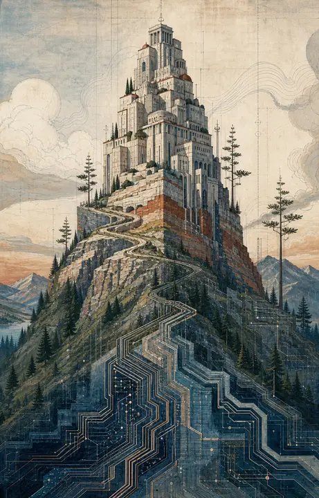A stepped city built into a steep pine-covered mountain, the lower slopes resolving into a blue geometric lattice like a printed circuit.