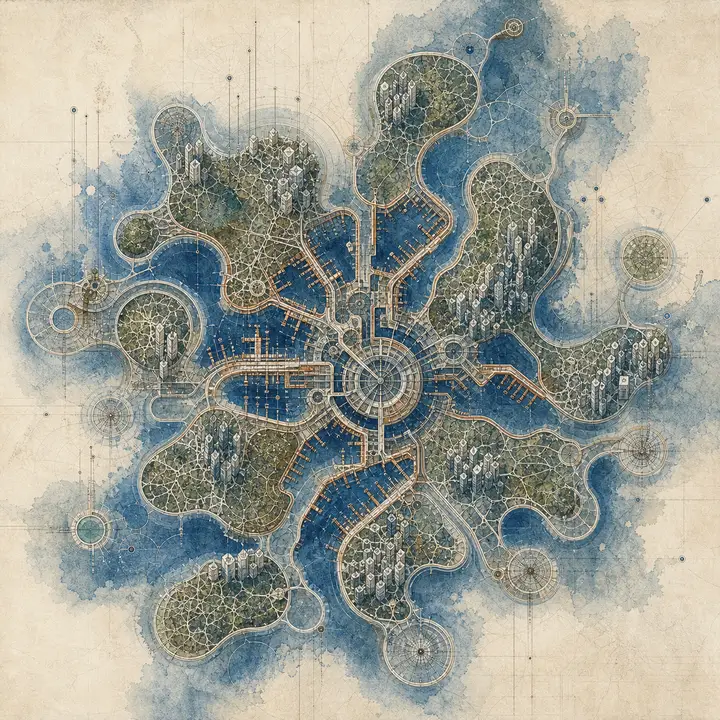 A harbour drawn from above as a mycelial network — rounded basins and inlets joined by looping channels, rendered in blue wash over a faint drafting grid.