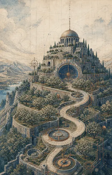A terraced hillside orchard rising to a domed observatory, a pale path spiralling up through the plantings, drawn in ink and muted watercolour.