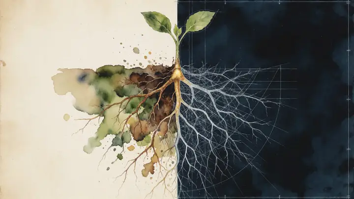 A second root-system study, the seedling smaller and the root network below it finer and more widely branched across the dark half of the panel.