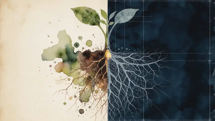 A split panel: on the left a seedling in green watercolour above warm soil, on the right the same plant’s root system spreading pale against deep midnight blue.
