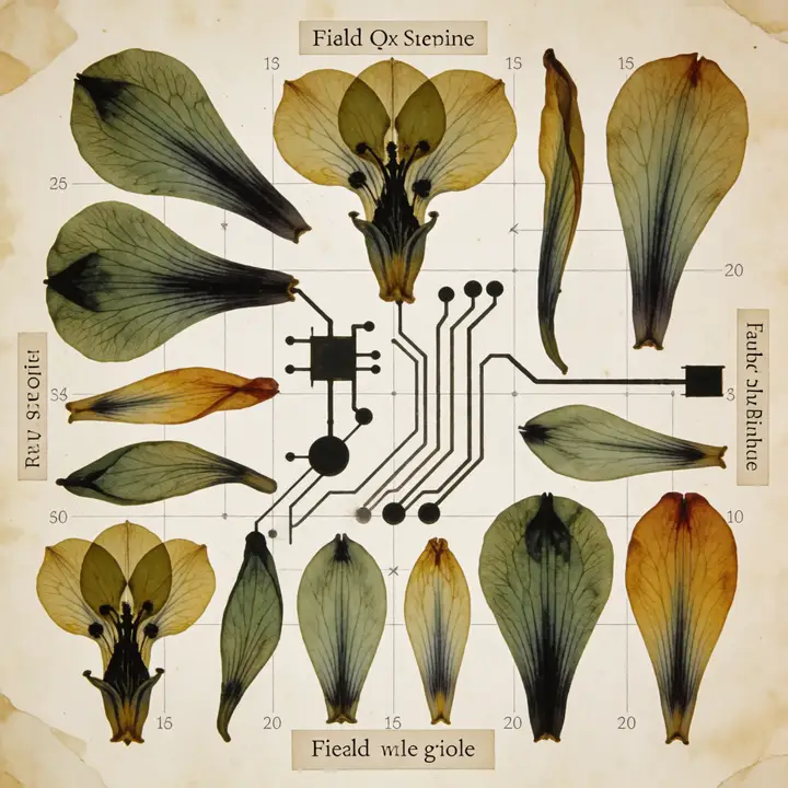 A second field-guide plate of pressed flowers with circuit traces threading between them, annotated with handwritten specimen labels and margin numbers.