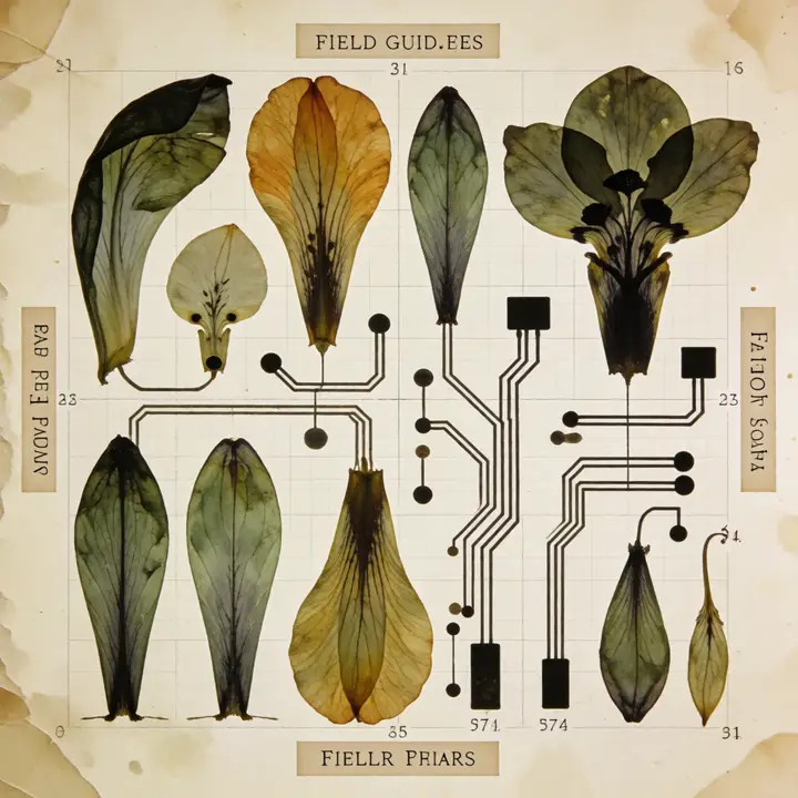 A field-guide plate of pressed petals and leaves arranged in a grid on cream paper, with black circuit traces and surface-mount components running between the specimens as though they were wired together.