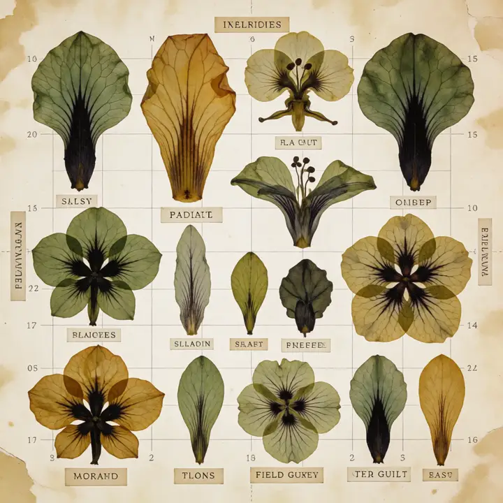 A field-guide plate of pressed blossoms and leaves in olive, ochre and near-black, arranged in four rows with small printed labels beneath each.