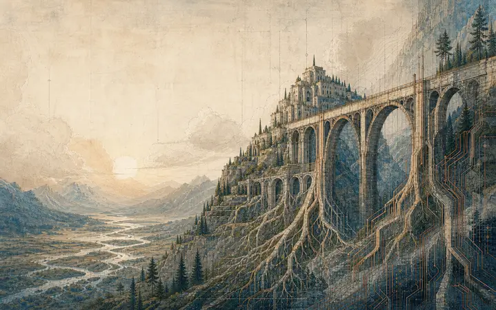 A stone viaduct crossing a wide valley at sunrise, its piers continuing downward into the rock as roots, the far hills fading into warm haze.