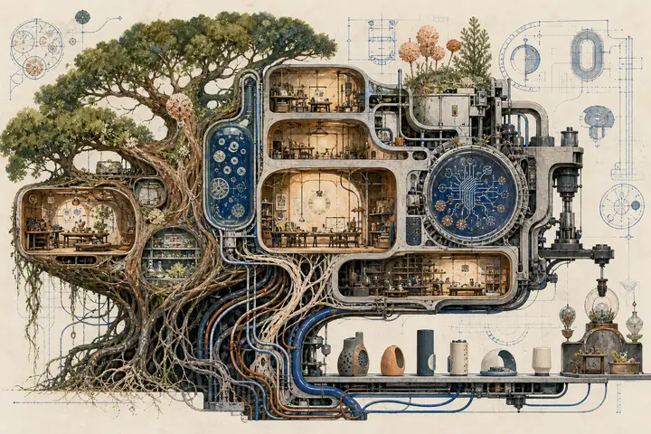 A cross-section of a workshop grown into a tree — pipes, tanks and lit rooms threaded between the roots and branches, drawn as an engineering plate on aged paper.