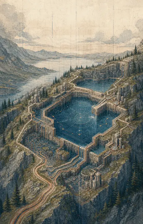 A high mountain reservoir seen at a steep angle, held in stepped terraces, the water a flat dark blue against grey-green slopes.