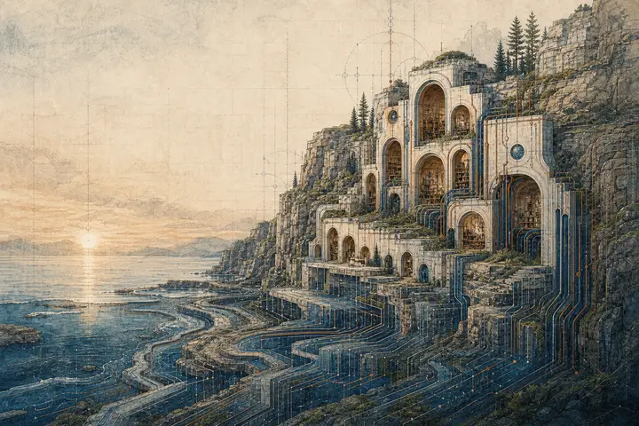 A cliffside archive of tall arched openings above a calm sea at sunset, the rock below cut into ledger-like tidal terraces.