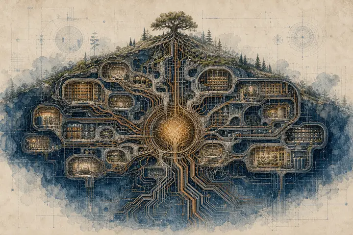 An underground cutaway in deep indigo: a great tree above ground, its root system below opened into vaulted chambers and glowing seed stores wired together like circuitry.