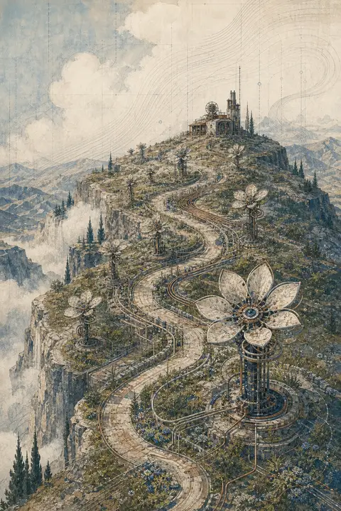 A path winding up a misty plateau planted with slender flower-shaped turbines, a small structure at the summit, almost monochrome in soft grey-green.